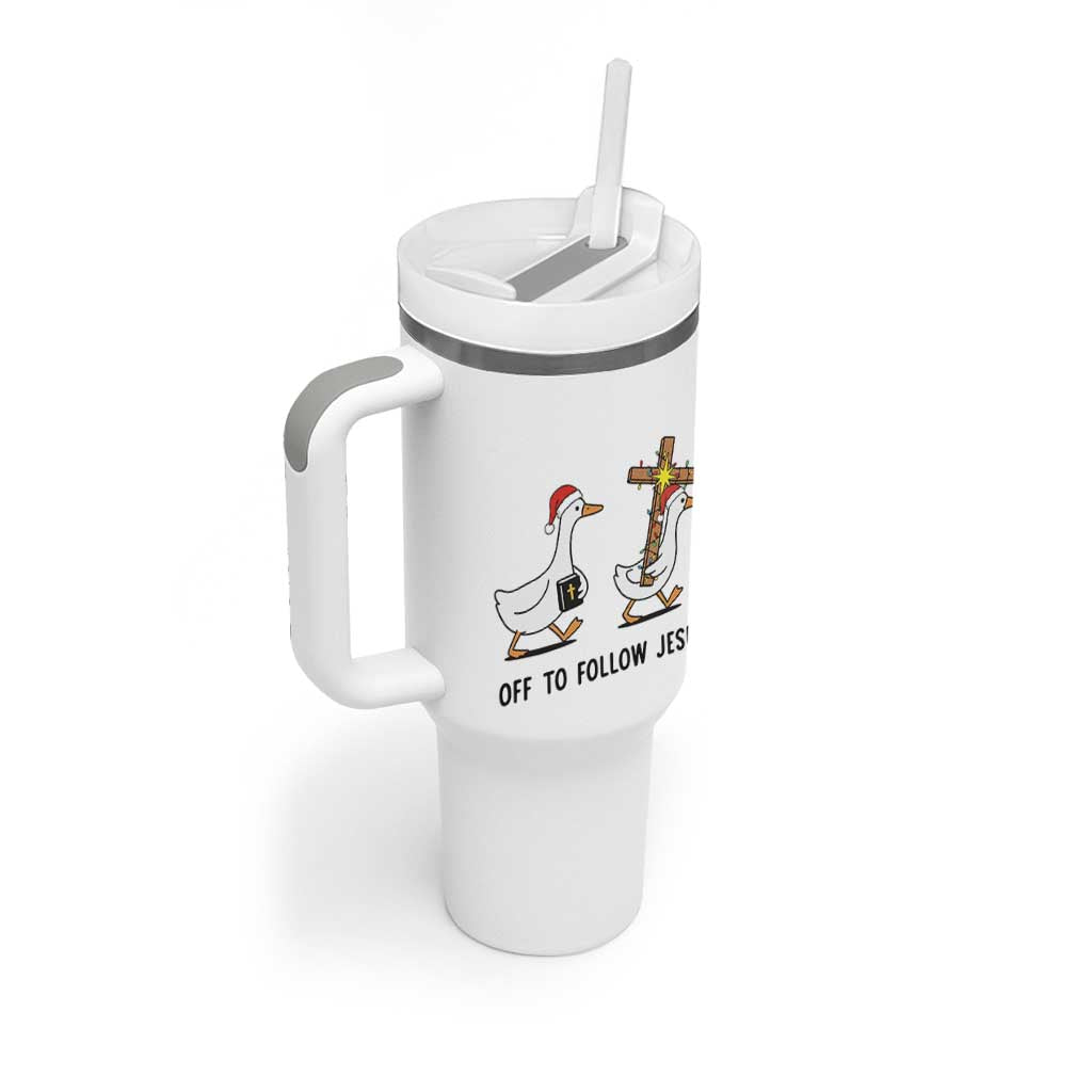 Christian Christmas Goose Tumbler With Handle Off To Follow Jesus - Wonder Print Shop