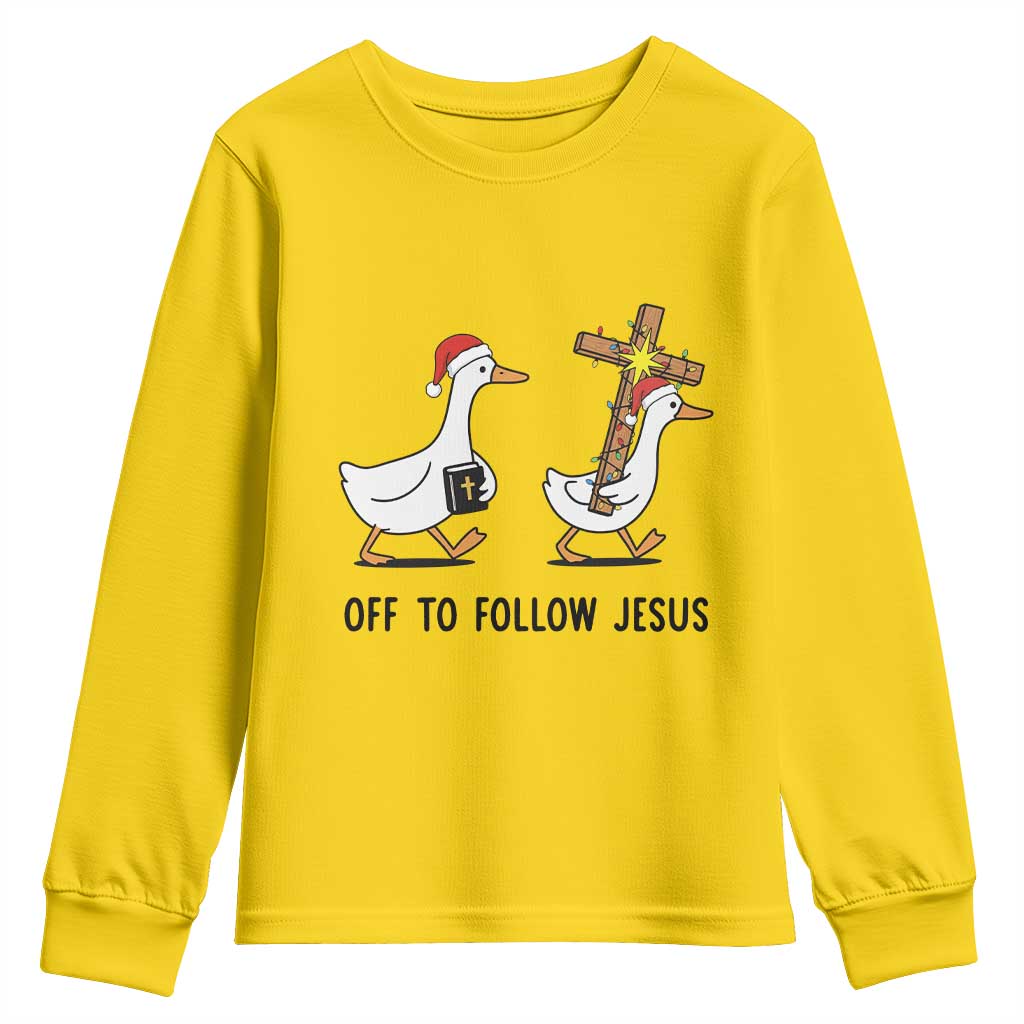 Christian Christmas Goose Youth Sweatshirt Off To Follow Jesus - Wonder Print Shop
