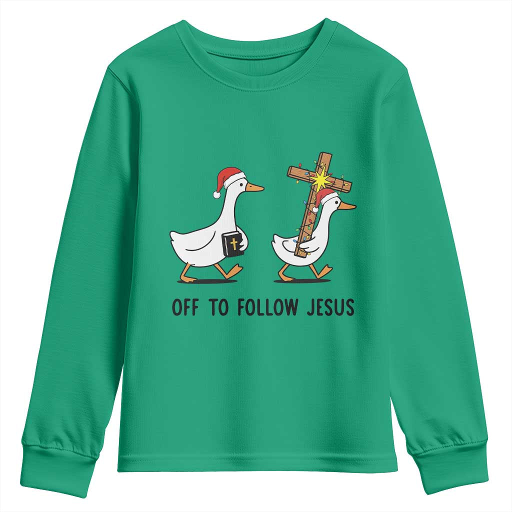 Christian Christmas Goose Youth Sweatshirt Off To Follow Jesus - Wonder Print Shop