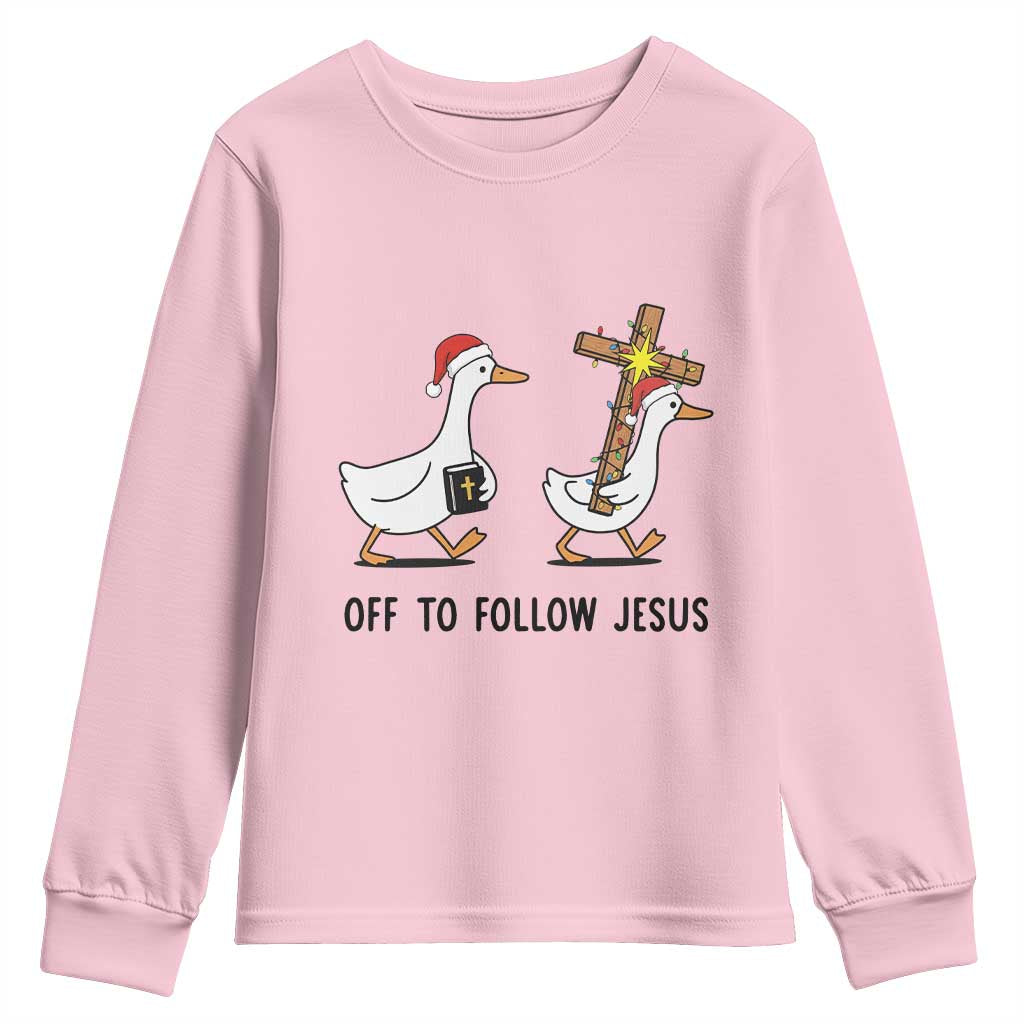 Christian Christmas Goose Youth Sweatshirt Off To Follow Jesus - Wonder Print Shop
