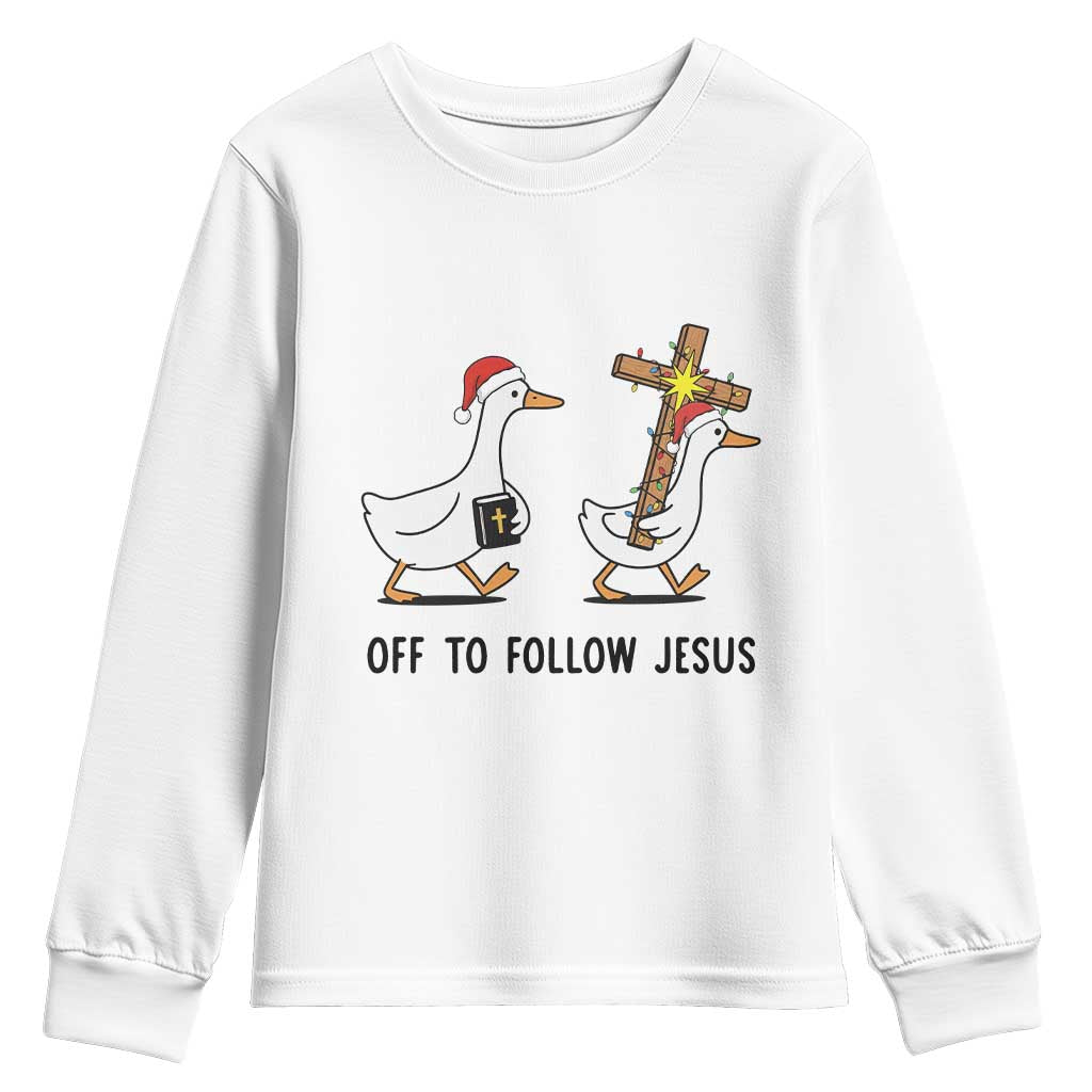 Christian Christmas Goose Youth Sweatshirt Off To Follow Jesus - Wonder Print Shop