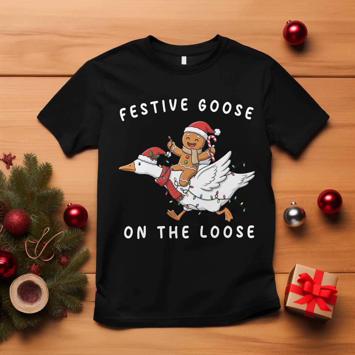 Festive Goose On The Loose Christmas T Shirt Funny Goose Gingerbread Xmas - Wonder Print Shop