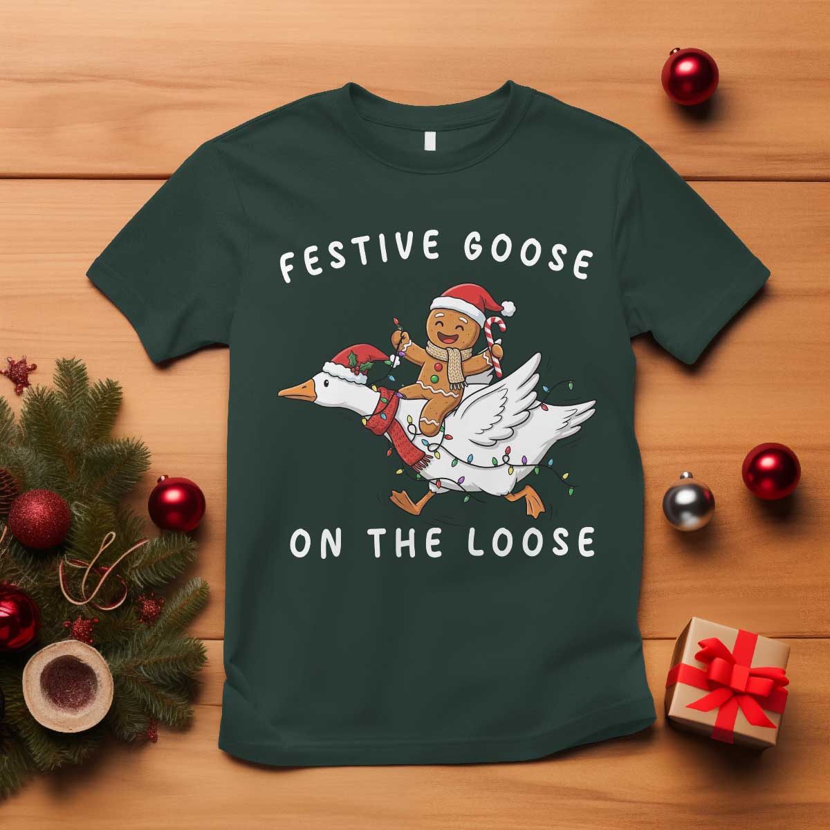 Festive Goose On The Loose Christmas T Shirt Funny Goose Gingerbread Xmas - Wonder Print Shop