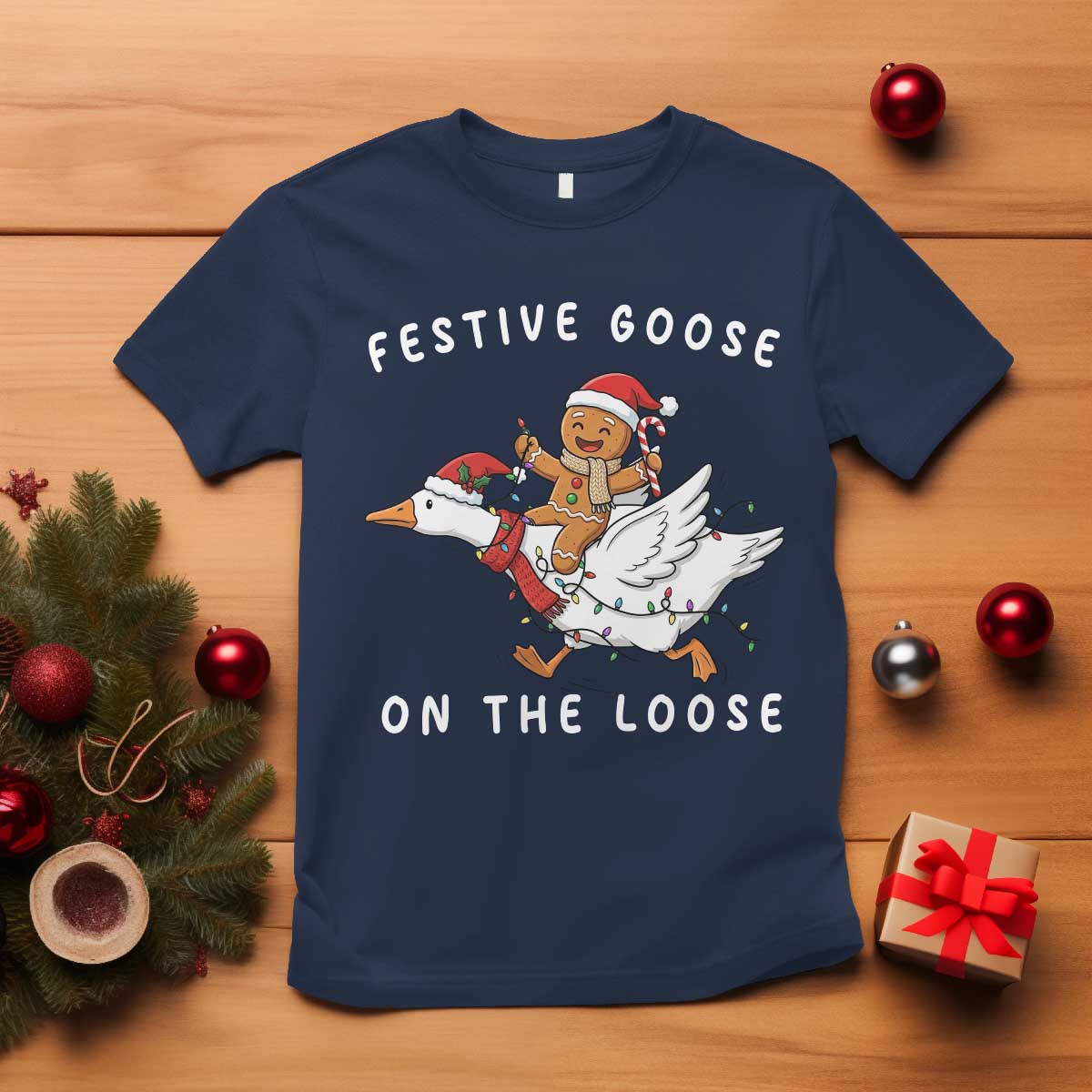 Festive Goose On The Loose Christmas T Shirt Funny Goose Gingerbread Xmas - Wonder Print Shop