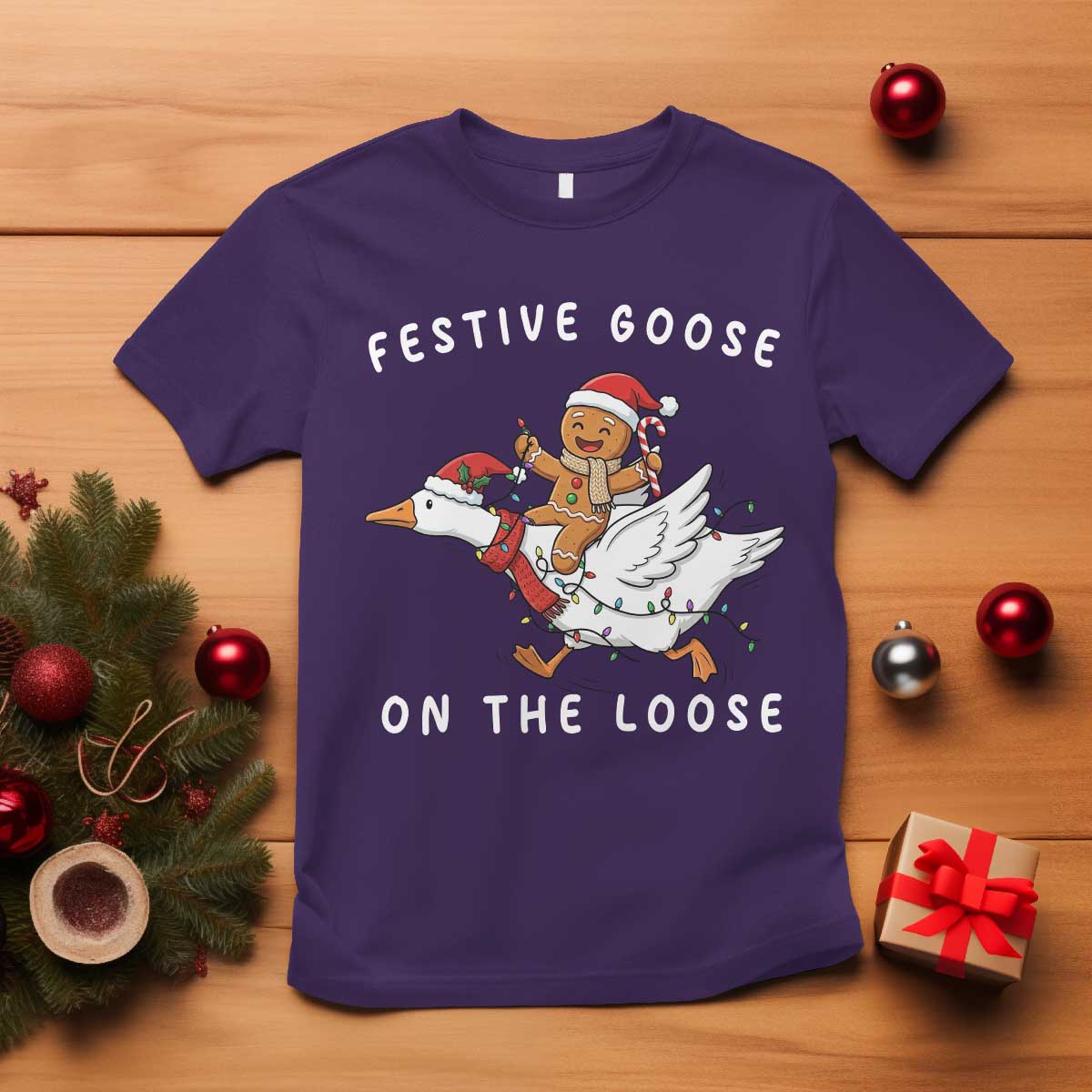 Festive Goose On The Loose Christmas T Shirt Funny Goose Gingerbread Xmas - Wonder Print Shop