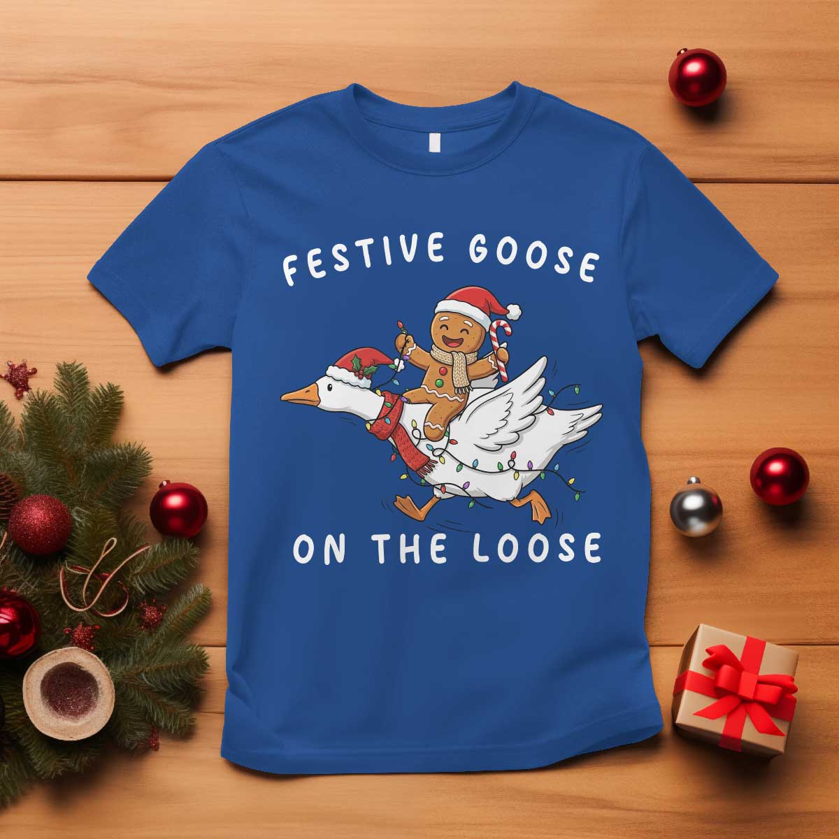 Festive Goose On The Loose Christmas T Shirt Funny Goose Gingerbread Xmas - Wonder Print Shop
