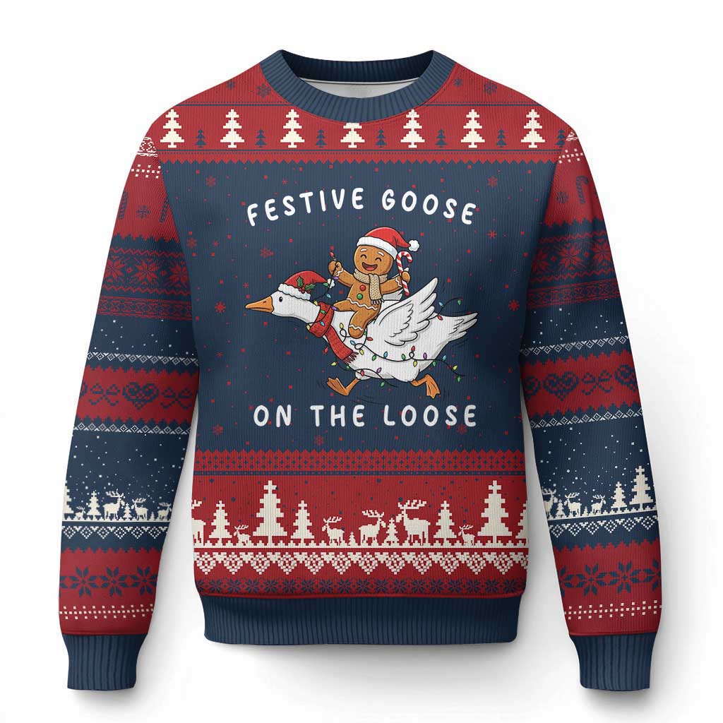 Festive Goose On The Loose Xmas Ugly Christmas Sweater Funny Goose Gingerbread Xmas - Wonder Print Shop