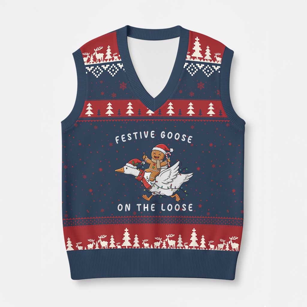Festive Goose On The Loose Xmas V-Neck Knit Sweater Vest Funny Goose Gingerbread Xmas - Wonder Print Shop