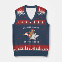 Festive Goose On The Loose Xmas V-Neck Knit Sweater Vest Funny Goose Gingerbread Xmas - Wonder Print Shop