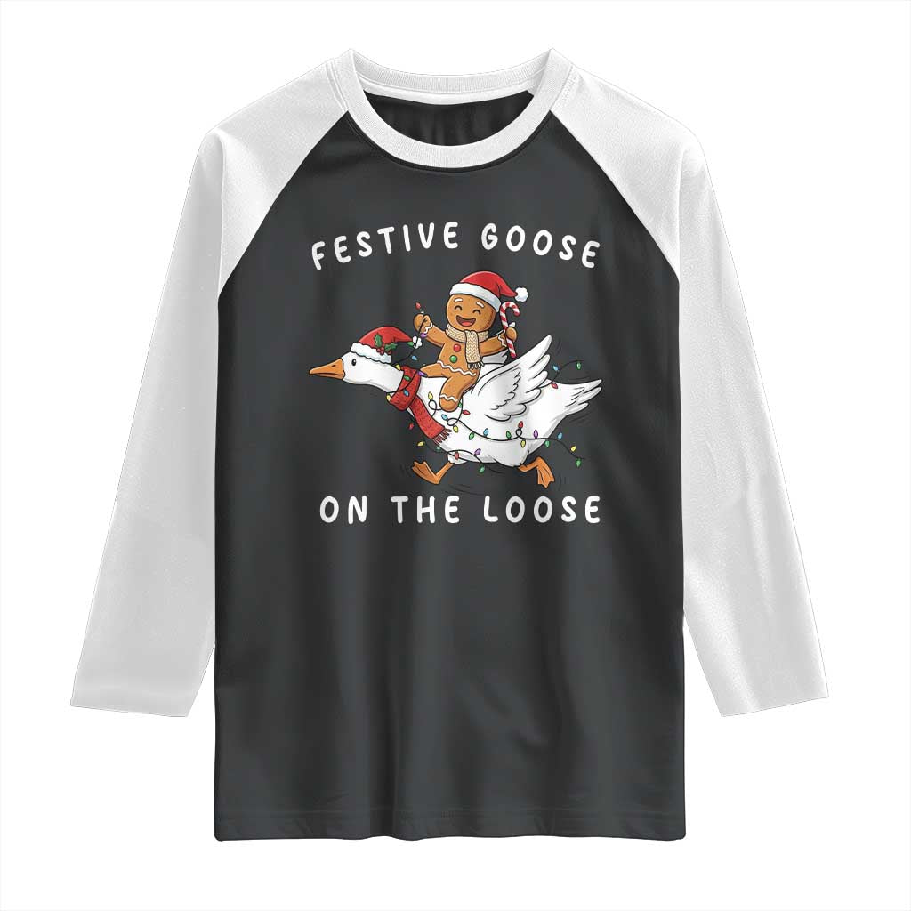 Festive Goose On The Loose Christmas Raglan Shirt Funny Goose Gingerbread Xmas - Wonder Print Shop