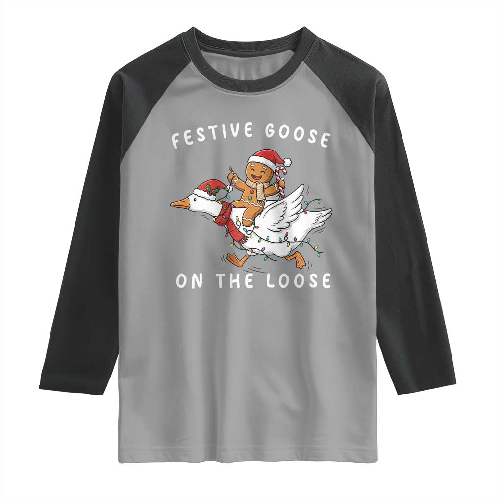 Festive Goose On The Loose Christmas Raglan Shirt Funny Goose Gingerbread Xmas - Wonder Print Shop