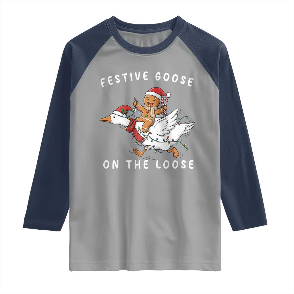 Festive Goose On The Loose Christmas Raglan Shirt Funny Goose Gingerbread Xmas - Wonder Print Shop