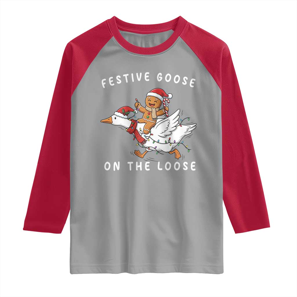 Festive Goose On The Loose Christmas Raglan Shirt Funny Goose Gingerbread Xmas - Wonder Print Shop