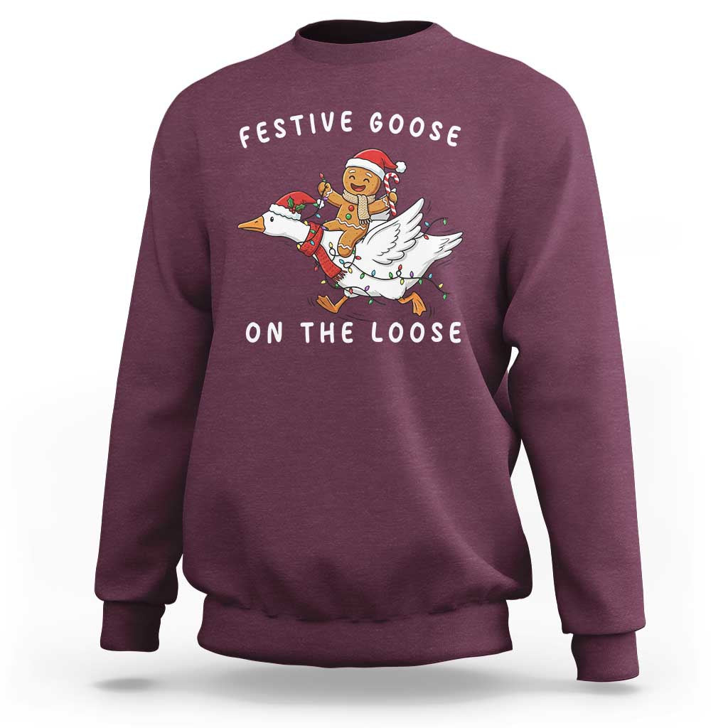 Festive Goose On The Loose Christmas Sweatshirt Funny Goose Gingerbread Xmas - Wonder Print Shop