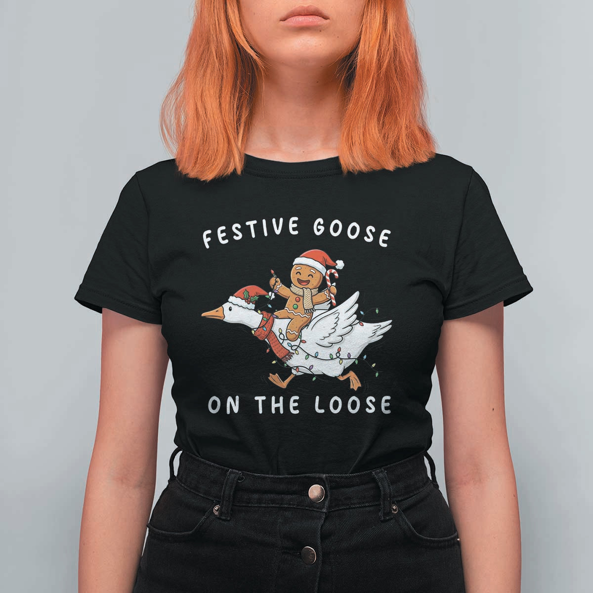 Festive Goose On The Loose Christmas T Shirt For Women Funny Goose Gingerbread Xmas - Wonder Print Shop