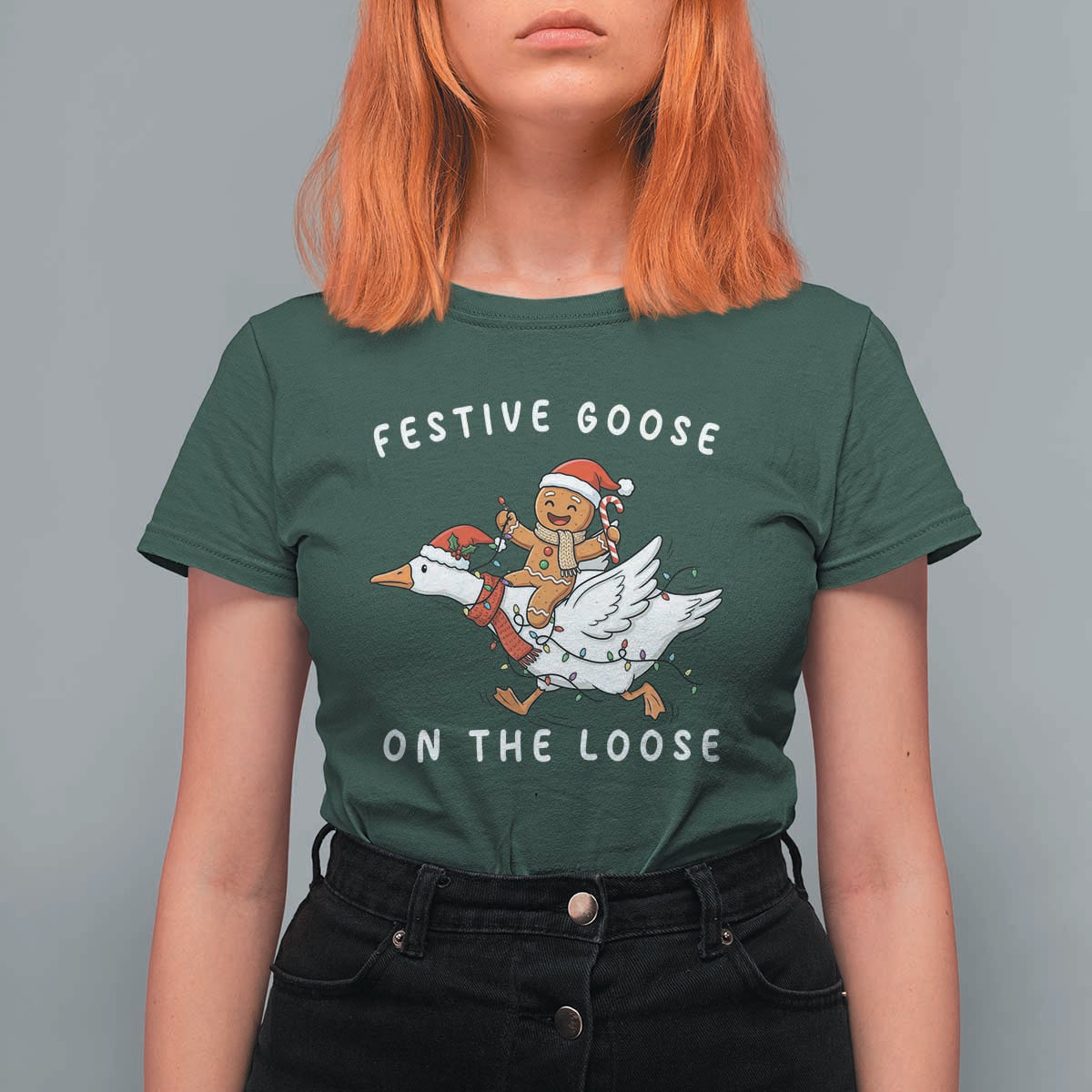Festive Goose On The Loose Christmas T Shirt For Women Funny Goose Gingerbread Xmas - Wonder Print Shop