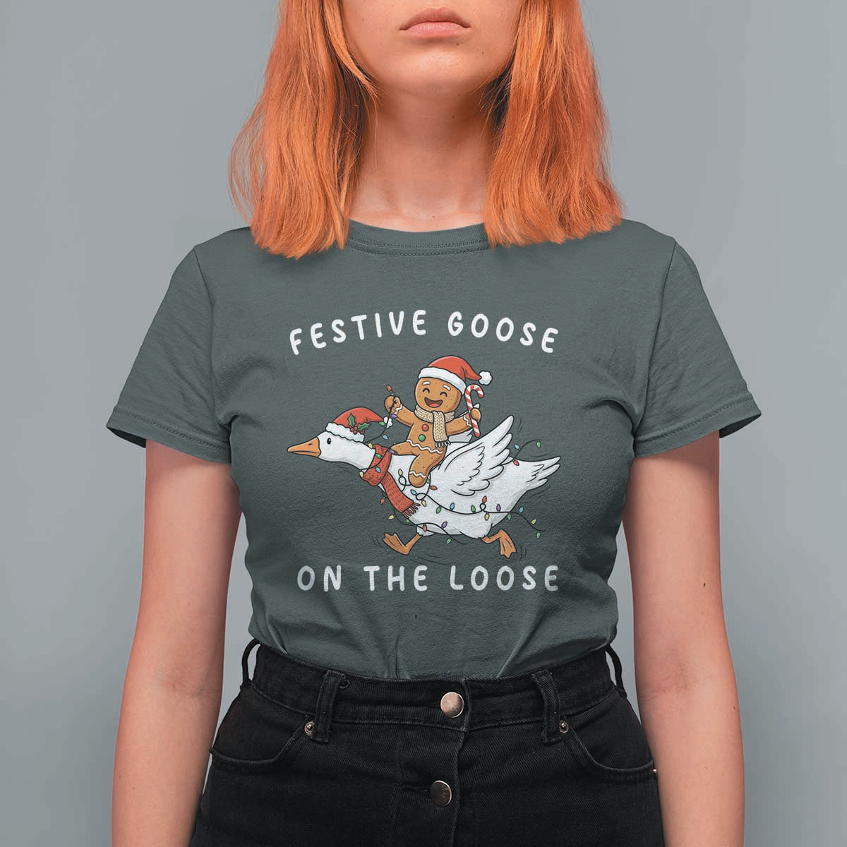 Festive Goose On The Loose Christmas T Shirt For Women Funny Goose Gingerbread Xmas - Wonder Print Shop