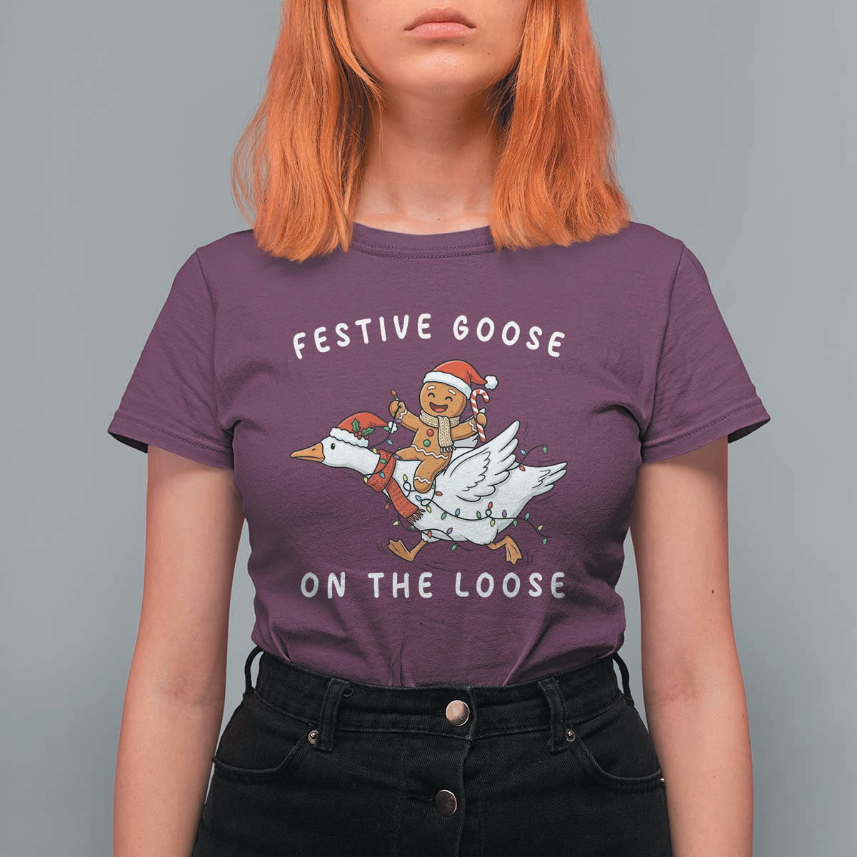 Festive Goose On The Loose Christmas T Shirt For Women Funny Goose Gingerbread Xmas - Wonder Print Shop