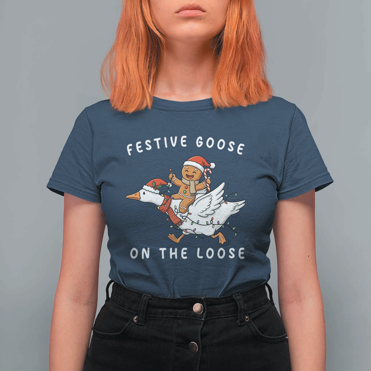 Festive Goose On The Loose Christmas T Shirt For Women Funny Goose Gingerbread Xmas - Wonder Print Shop