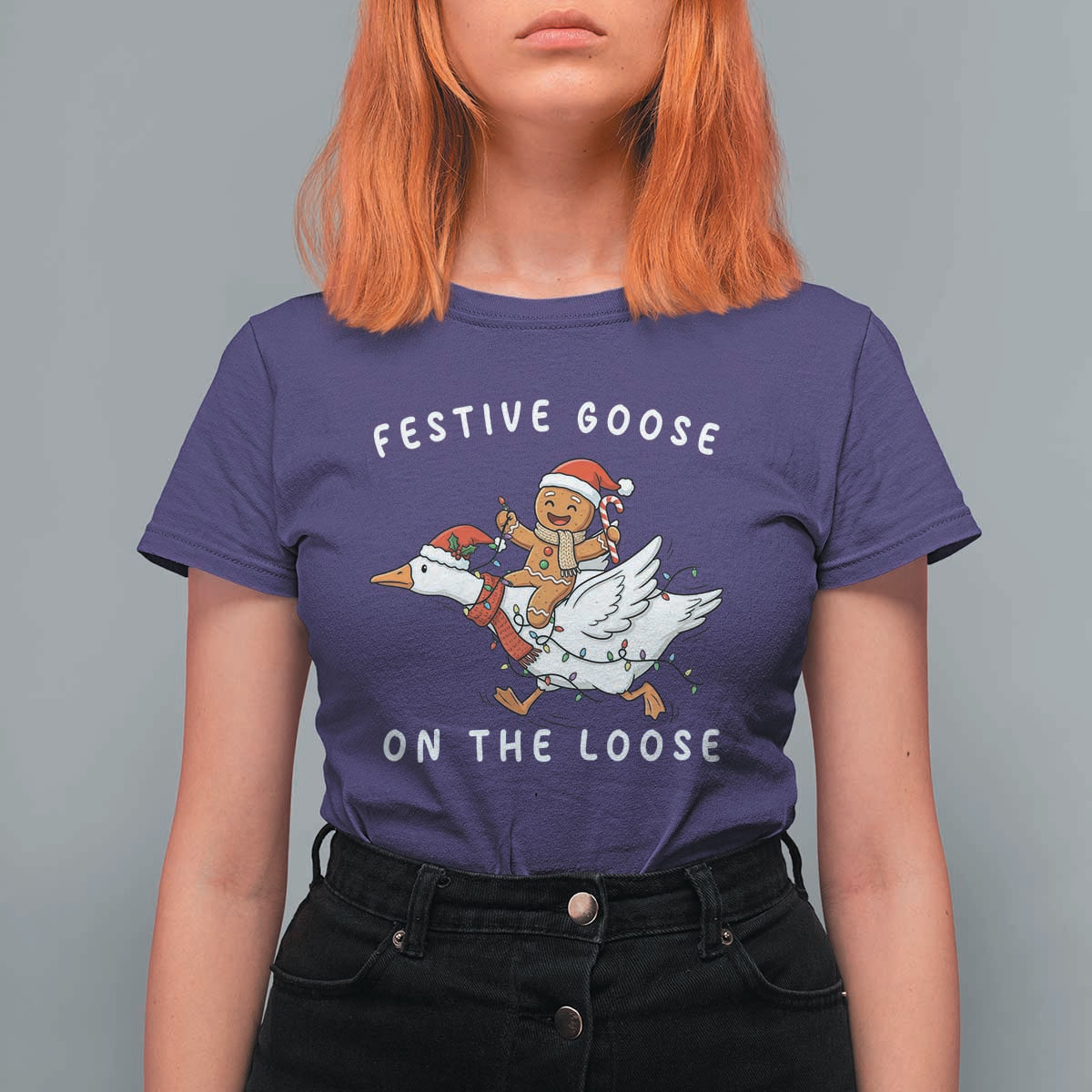 Festive Goose On The Loose Christmas T Shirt For Women Funny Goose Gingerbread Xmas - Wonder Print Shop
