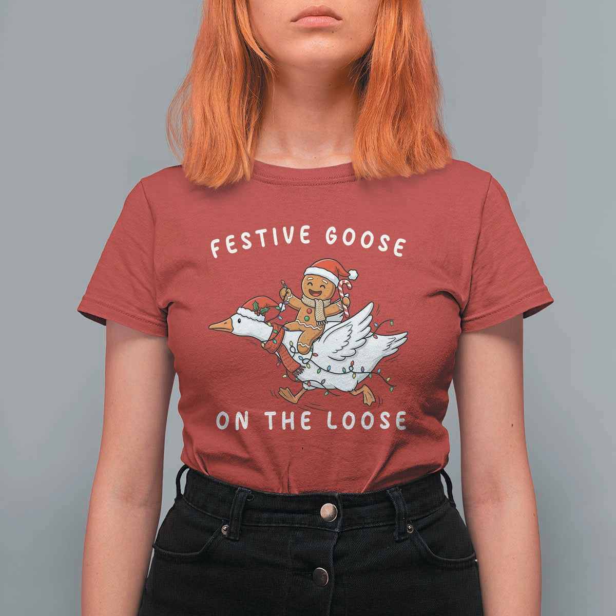 Festive Goose On The Loose Christmas T Shirt For Women Funny Goose Gingerbread Xmas - Wonder Print Shop