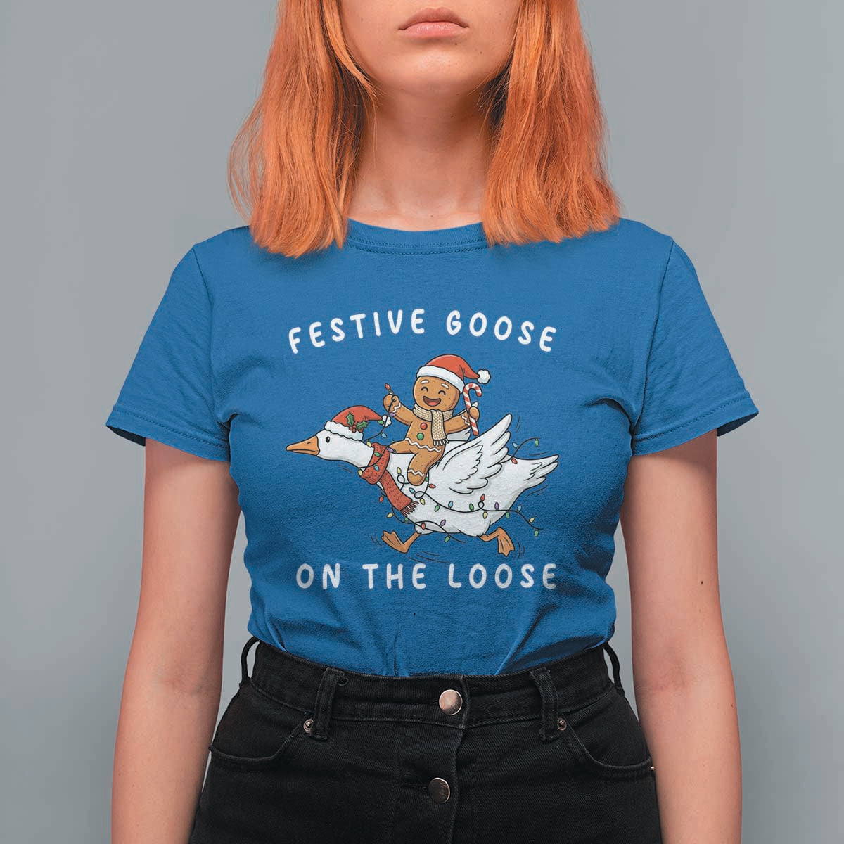 Festive Goose On The Loose Christmas T Shirt For Women Funny Goose Gingerbread Xmas - Wonder Print Shop