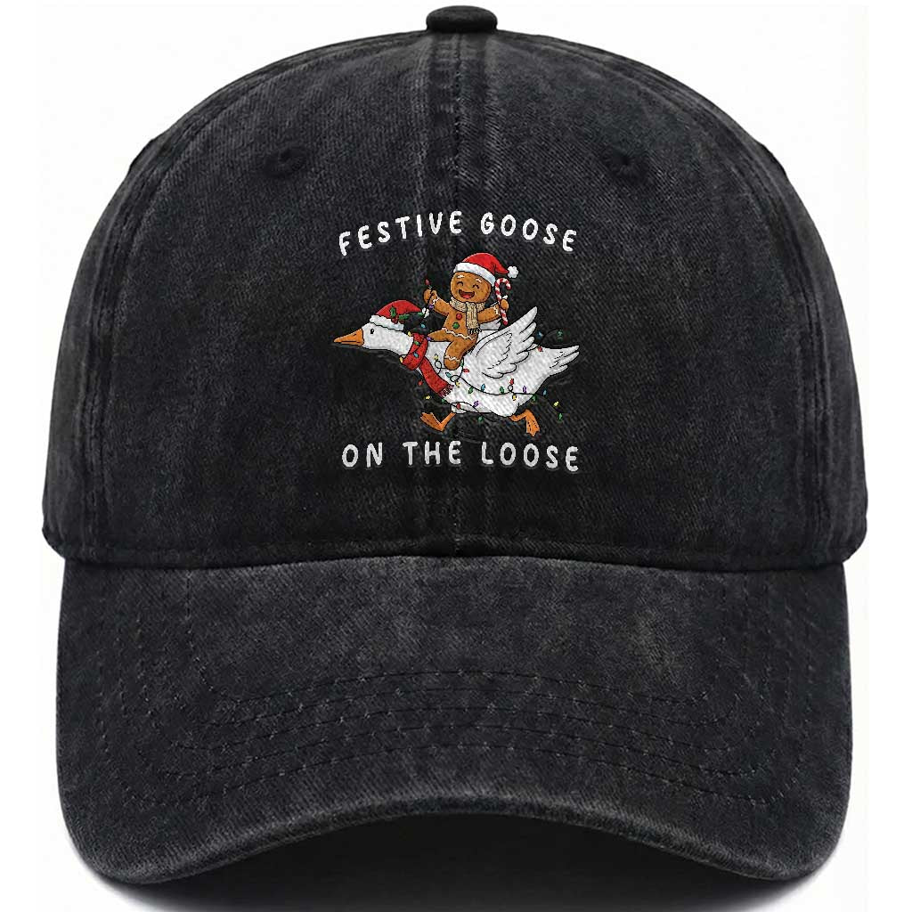 Festive Goose On The Loose Christmas Washed Cotton Baseball Cap Funny Goose Gingerbread Xmas