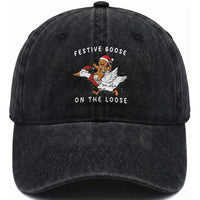 Festive Goose On The Loose Christmas Washed Cotton Baseball Cap Funny Goose Gingerbread Xmas