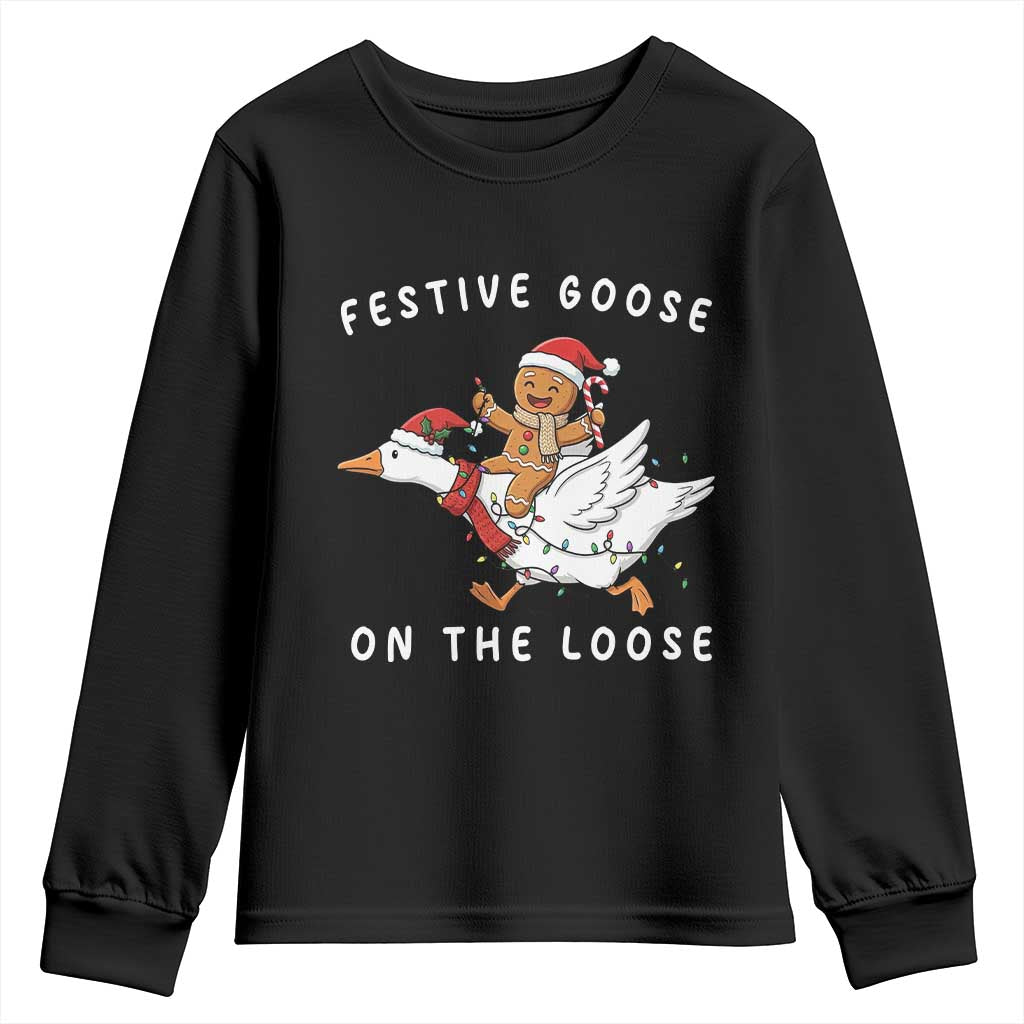 Festive Goose On The Loose Christmas Youth Sweatshirt Funny Goose Gingerbread Xmas - Wonder Print Shop
