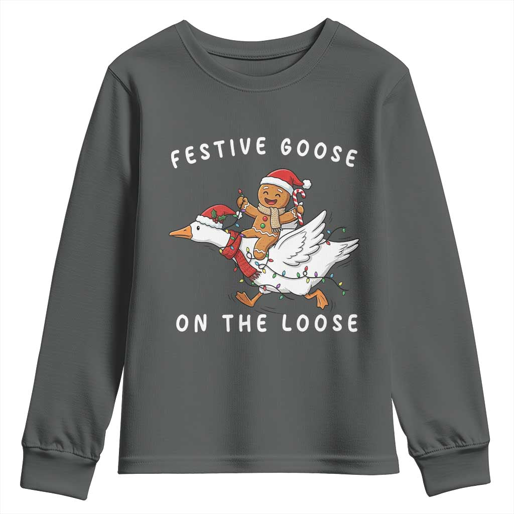 Festive Goose On The Loose Christmas Youth Sweatshirt Funny Goose Gingerbread Xmas - Wonder Print Shop