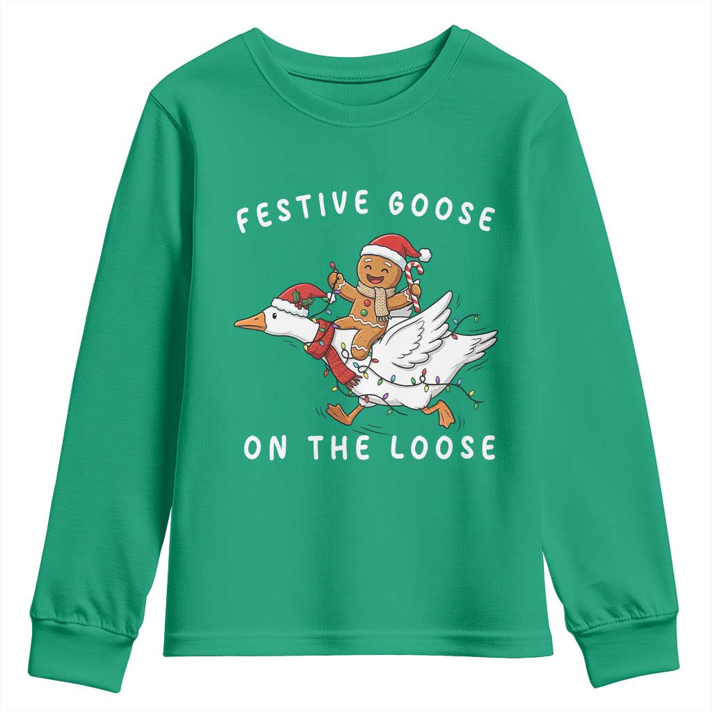 Festive Goose On The Loose Christmas Youth Sweatshirt Funny Goose Gingerbread Xmas - Wonder Print Shop