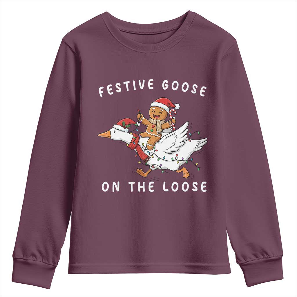 Festive Goose On The Loose Christmas Youth Sweatshirt Funny Goose Gingerbread Xmas - Wonder Print Shop
