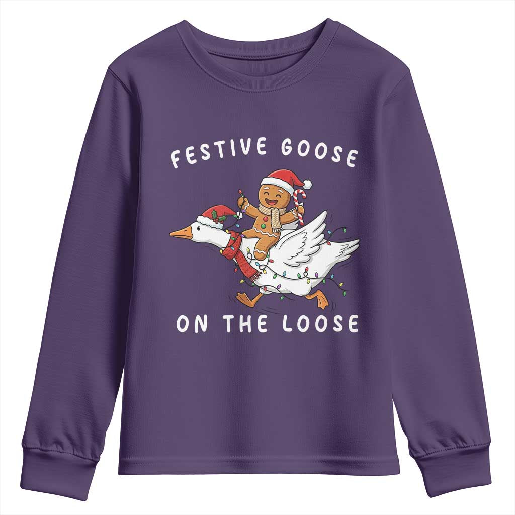 Festive Goose On The Loose Christmas Youth Sweatshirt Funny Goose Gingerbread Xmas - Wonder Print Shop