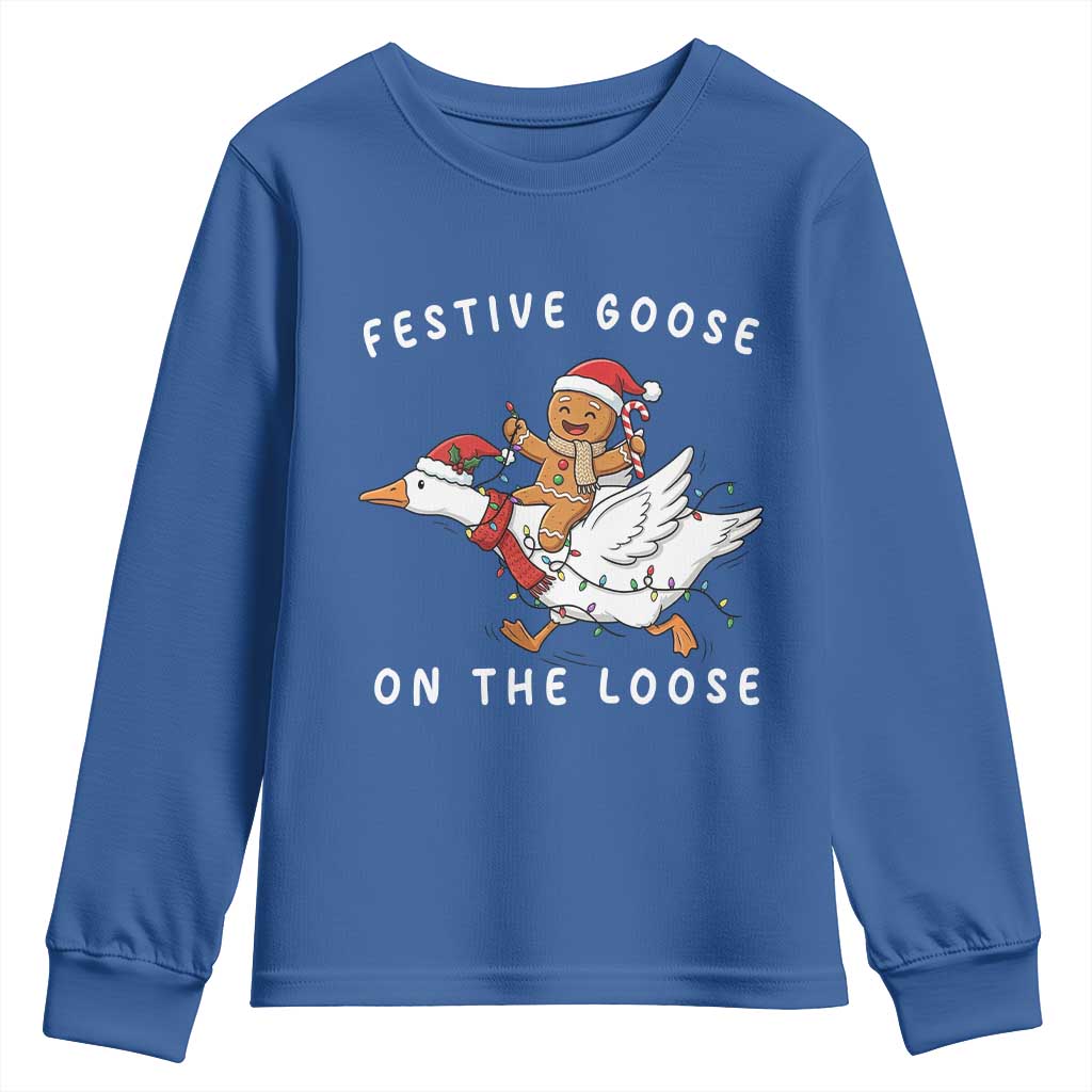 Festive Goose On The Loose Christmas Youth Sweatshirt Funny Goose Gingerbread Xmas - Wonder Print Shop