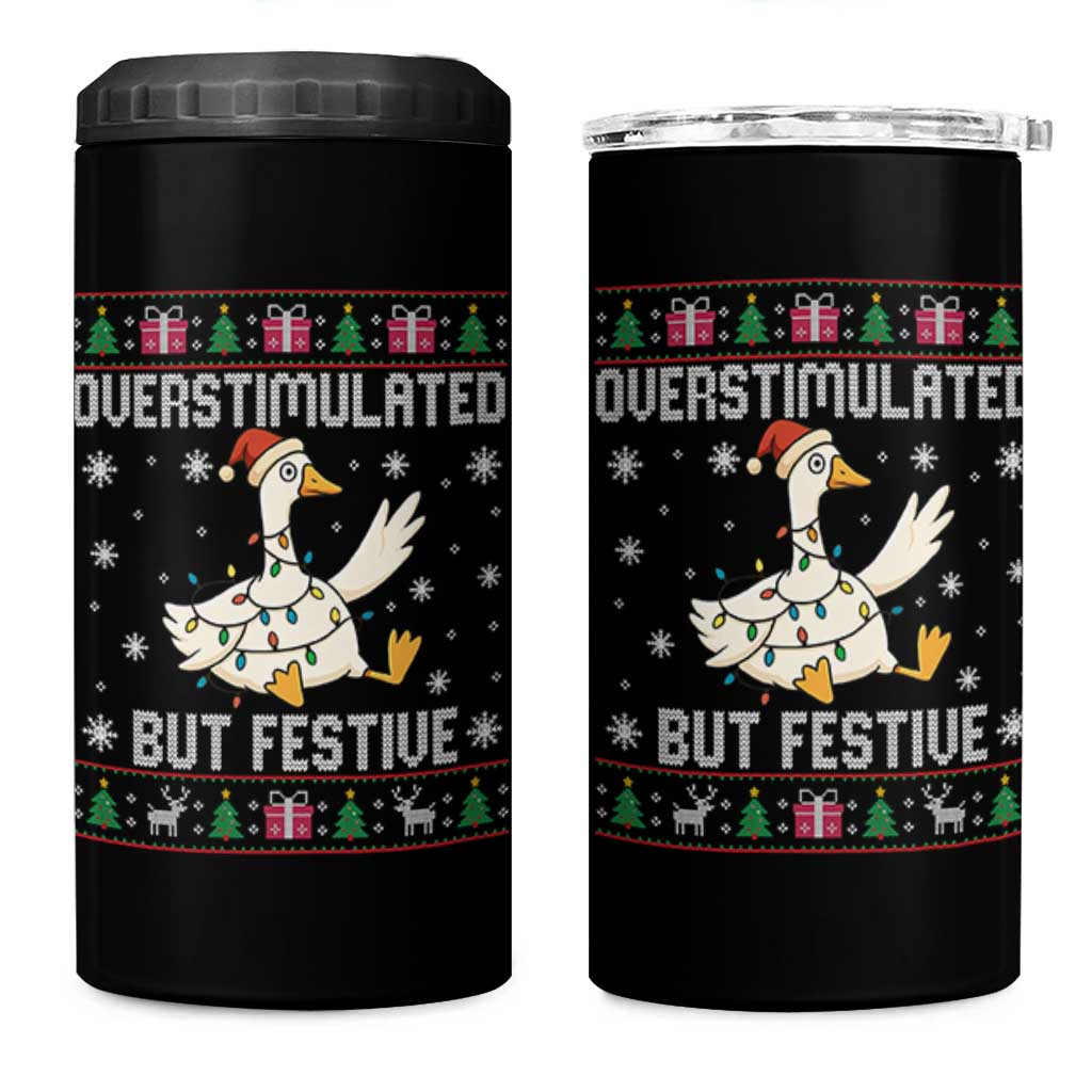 Funny Silly Goose Christmas 4 in 1 Can Cooler Tumbler Overstimulated But Festive - Wonder Print Shop