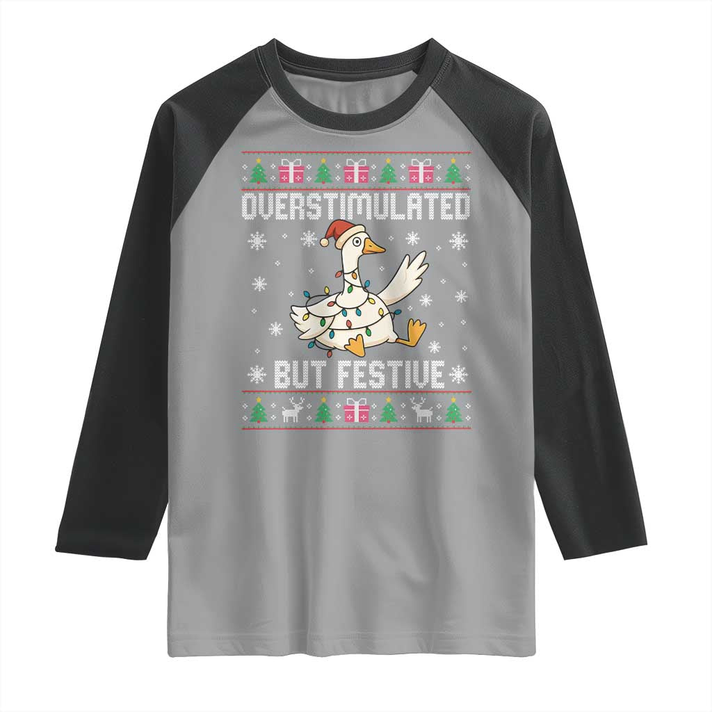 Funny Silly Goose Christmas Raglan Shirt Overstimulated But Festive - Wonder Print Shop