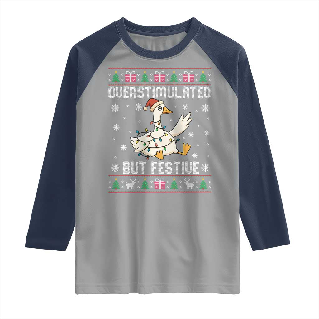 Funny Silly Goose Christmas Raglan Shirt Overstimulated But Festive - Wonder Print Shop