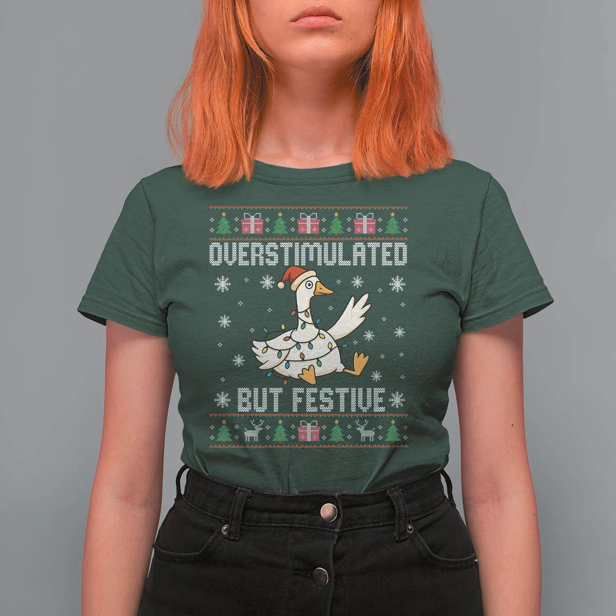 Funny Silly Goose Christmas T Shirt For Women Overstimulated But Festive - Wonder Print Shop