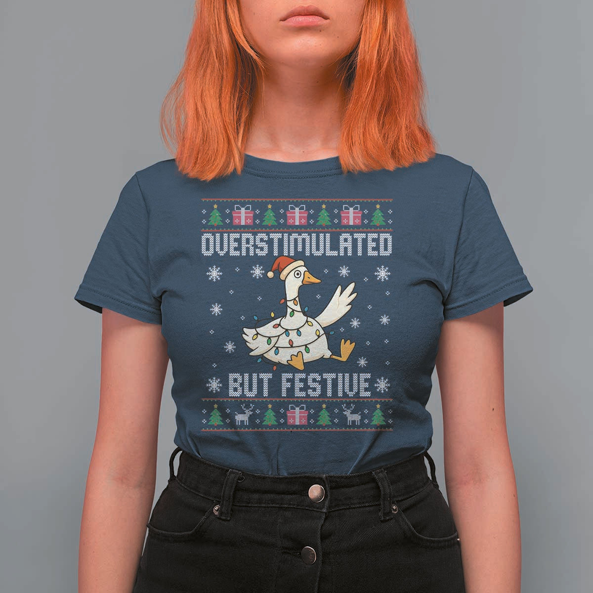 Funny Silly Goose Christmas T Shirt For Women Overstimulated But Festive - Wonder Print Shop