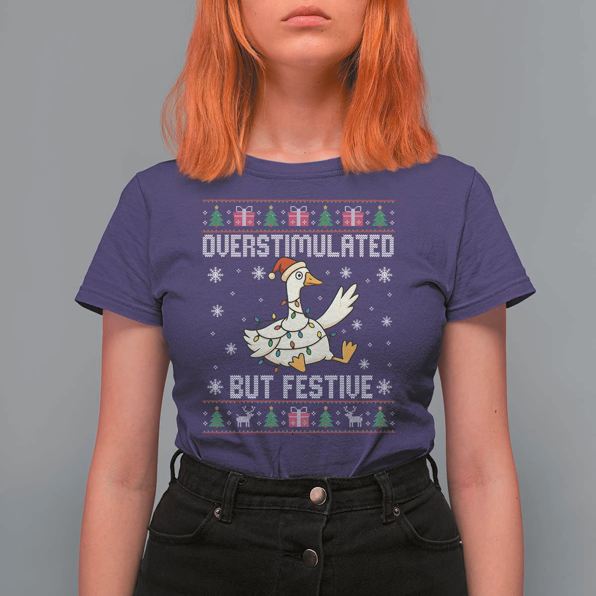 Funny Silly Goose Christmas T Shirt For Women Overstimulated But Festive - Wonder Print Shop