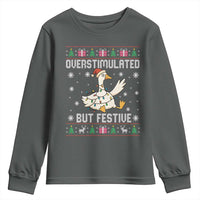 Funny Silly Goose Christmas Youth Sweatshirt Overstimulated But Festive - Wonder Print Shop