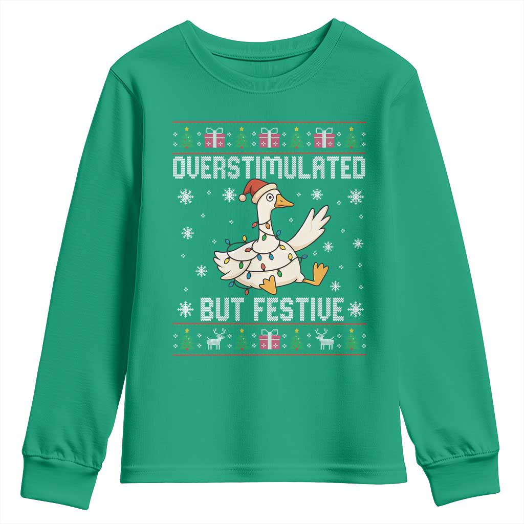 Funny Silly Goose Christmas Youth Sweatshirt Overstimulated But Festive - Wonder Print Shop
