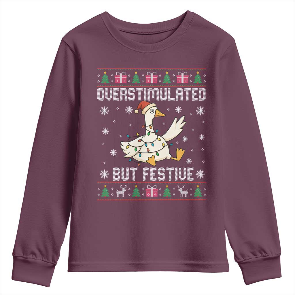 Funny Silly Goose Christmas Youth Sweatshirt Overstimulated But Festive - Wonder Print Shop