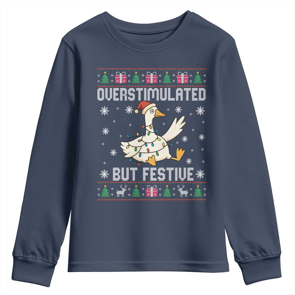 Funny Silly Goose Christmas Youth Sweatshirt Overstimulated But Festive - Wonder Print Shop