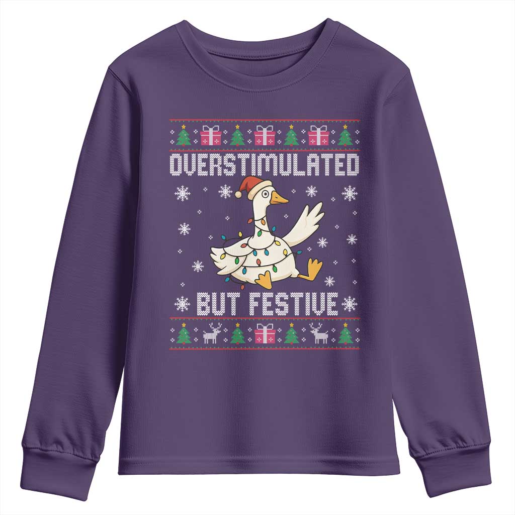 Funny Silly Goose Christmas Youth Sweatshirt Overstimulated But Festive - Wonder Print Shop