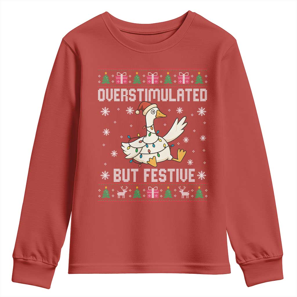 Funny Silly Goose Christmas Youth Sweatshirt Overstimulated But Festive - Wonder Print Shop