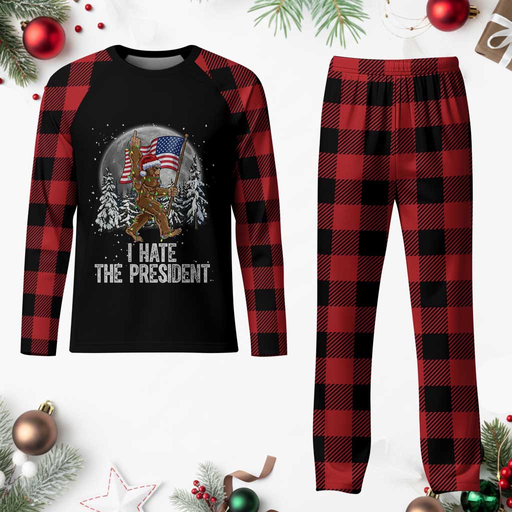 Funny Bigfoot Christmas Political Meme Plaid Pajama Set I Hate The President - Wonder Print Shop