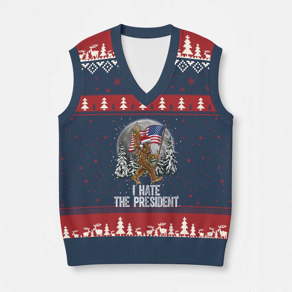 Funny Bigfoot Xmas Political Meme V-Neck Knit Sweater Vest I Hate The President - Wonder Print Shop