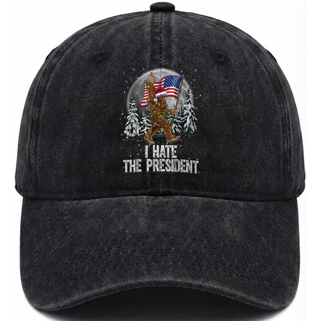 Funny Bigfoot Christmas Political Meme Washed Cotton Baseball Cap I Hate The President