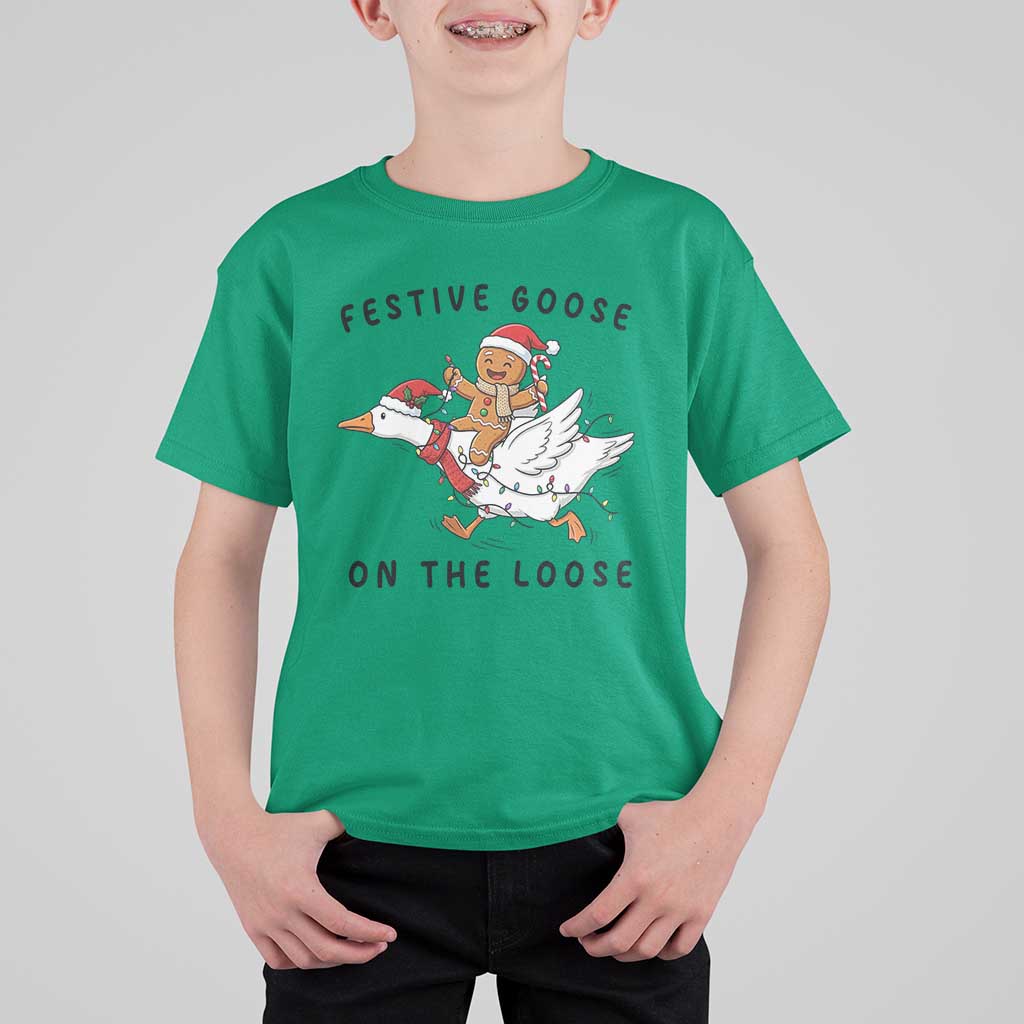 Funny Goose Christmas T Shirt For Kid Festive Goose On The Loose Xmas - Wonder Print Shop